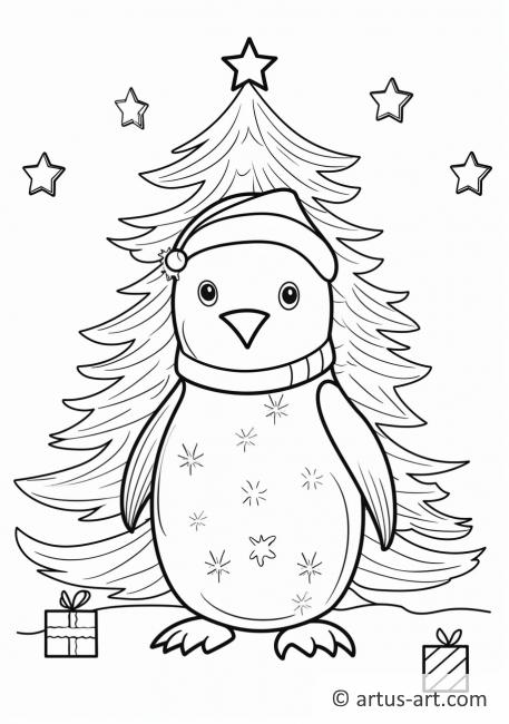 Noel Ağacıyla Penguen Boyama Sayfası